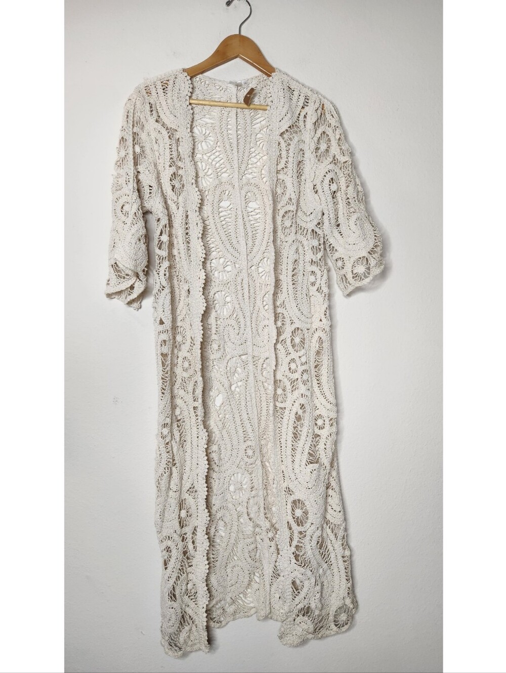 Original USA Womens L/XL Crochet Long Duster Cardigan Beige Cotton